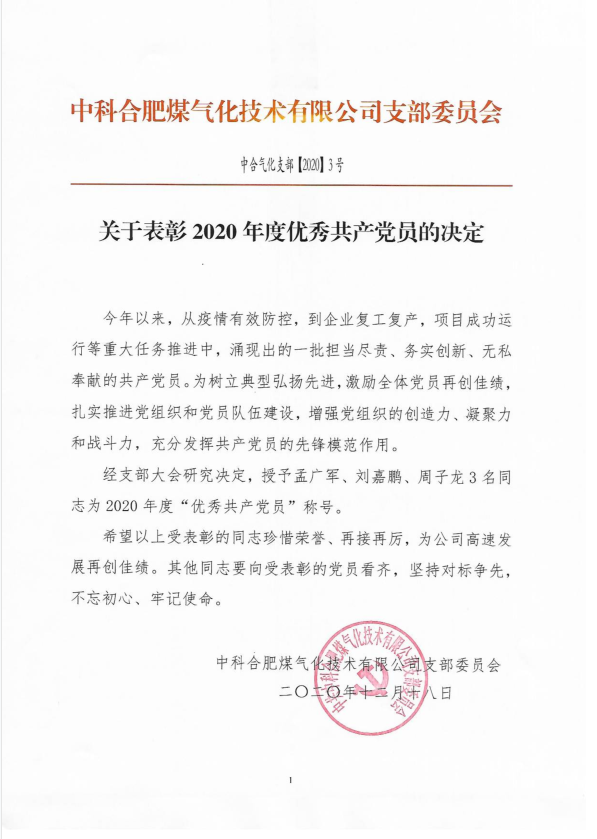 中科合肥煤气化技术有限公司-2020年度表彰优秀共产党员